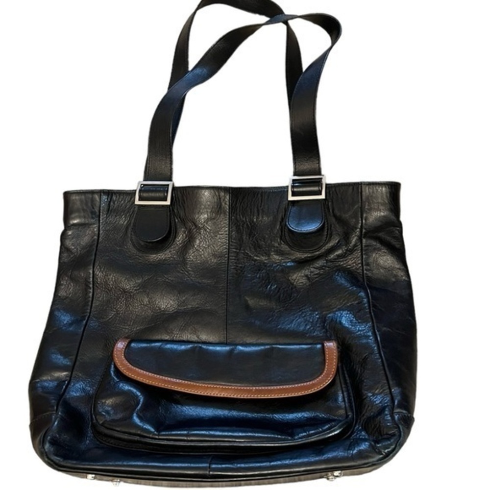 PLY New York Black & Brown 2 Tone Leather Tote Bag with Pocket & Striped Lining